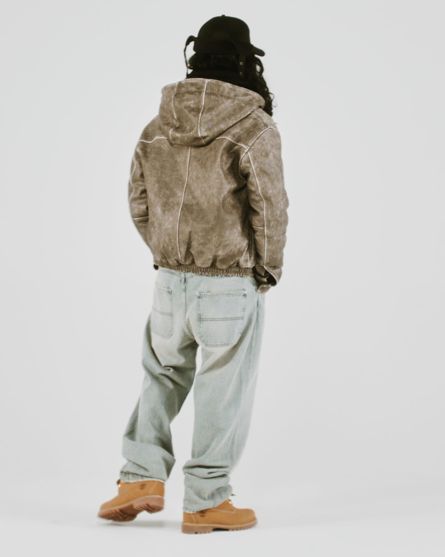 Distressed Leather Hooded Bomber Jacket